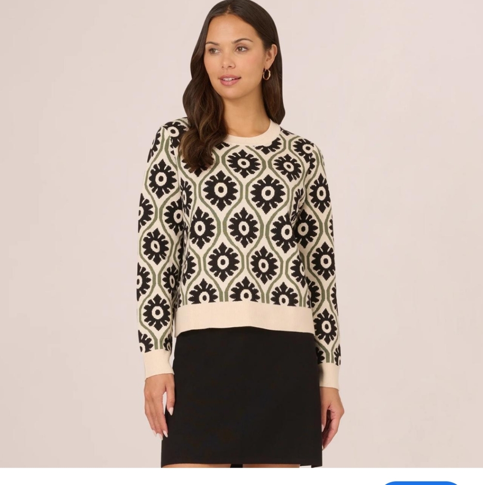 Adrianna Papell Black/ Cream Crew Neck Long Sleeve Lightweight Boxy Fit Sweater